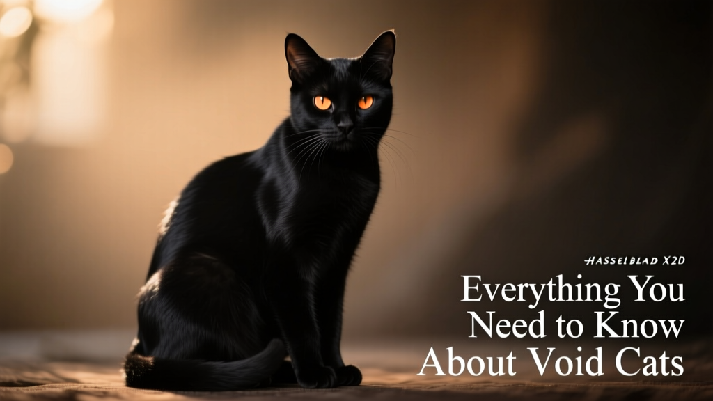 A sleek, all-black cat sitting in deep shadow, eyes glowing faintly in low light
