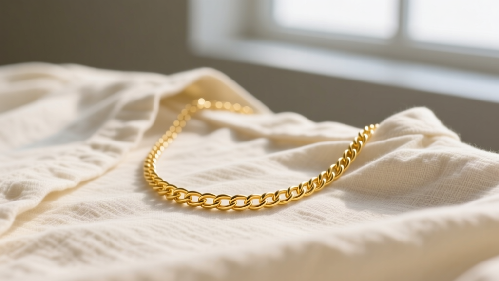 Close-up of a delicate 14k yellow gold cable chain necklace resting on a modest cream-colored linen blouse, soft natural lighting