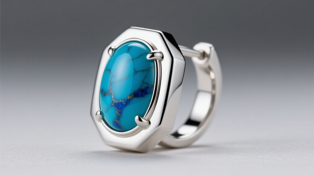 Side profile of a smooth sterling silver bezel earring setting holding a turquoise cabochon stone under soft studio lighting