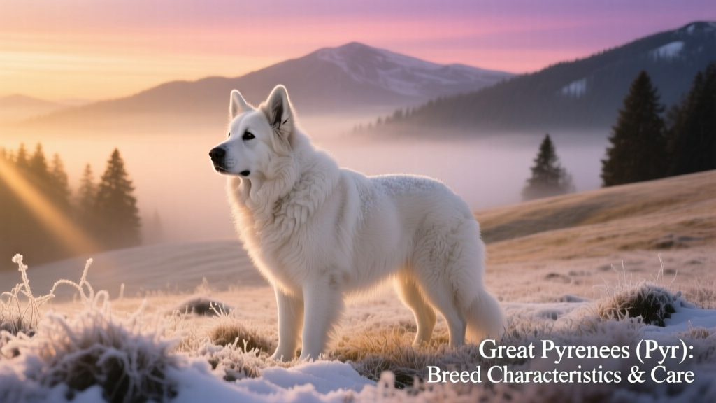 A serene, snow-dusted Great Pyrenees standing alert on a mountain meadow at dusk