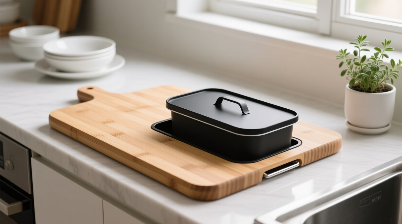 add a detachable waste container to a cutting board for