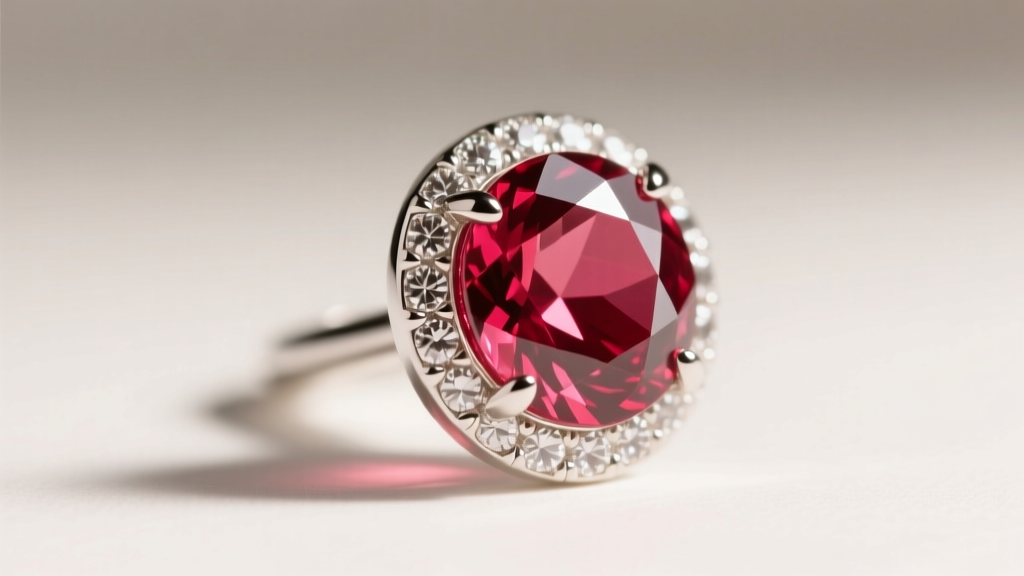 Close-up of a bezel-set rose-cut rhodolite garnet stud in platinum, revealing internal raspberry-red hues and soft light refraction