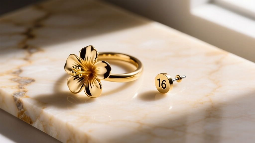 Flat lay of gold hibiscus ear cuff and 16g cartilage flat-back earring on beige travertine stone with soft directional shadows