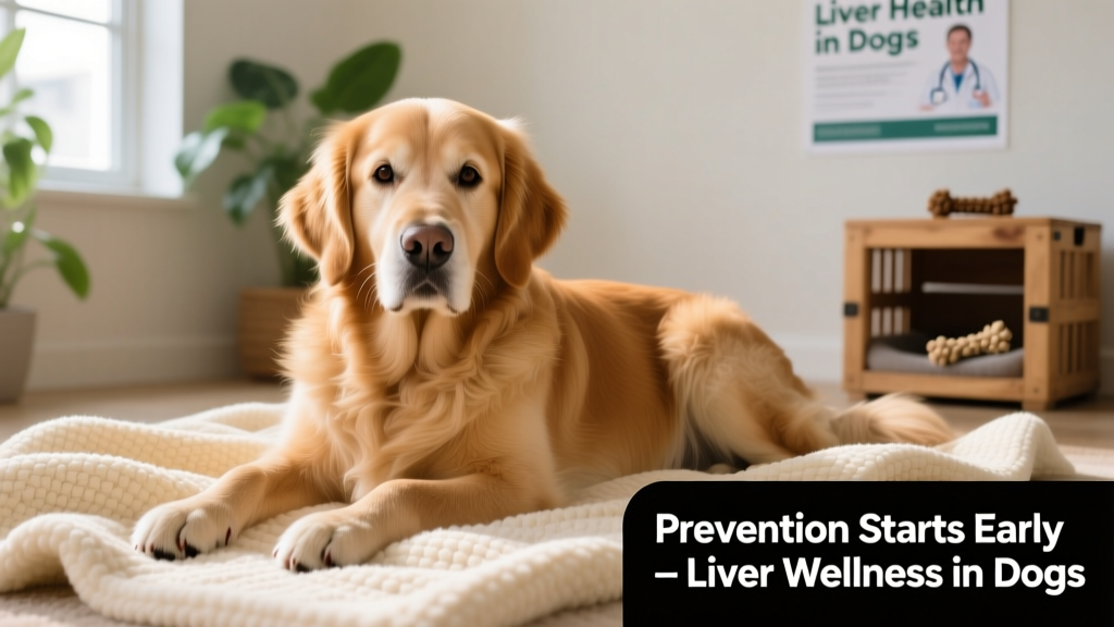 A calm, healthy-looking dog resting comfortably on a soft blanket, illustrating overall wellness before liver concerns arise
