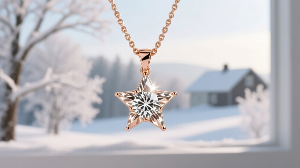 14k rose gold box chain with a champagne diamond star pendant, showing facet reflections against a softly blurred winter backdrop