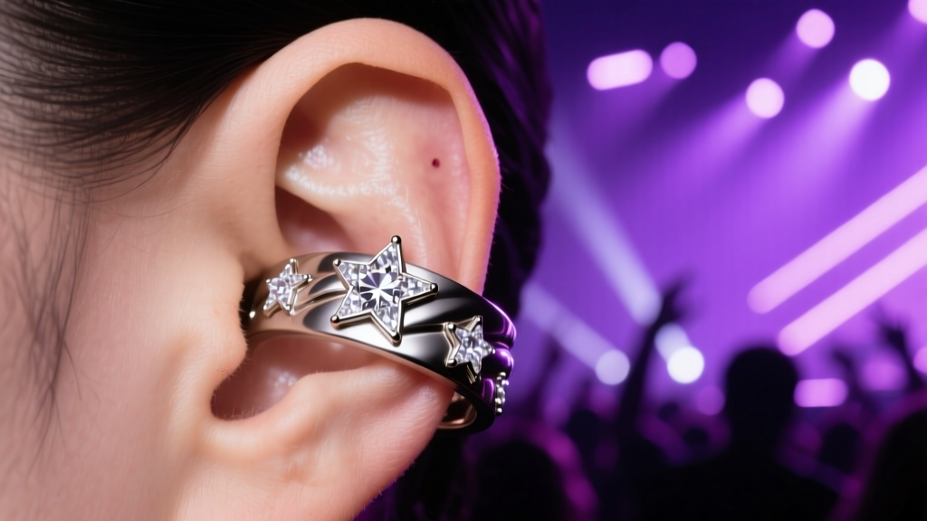 Macro shot of a titanium helix cuff with zirconia stars on unpierced upper ear cartilage against a blurred purple concert backdrop