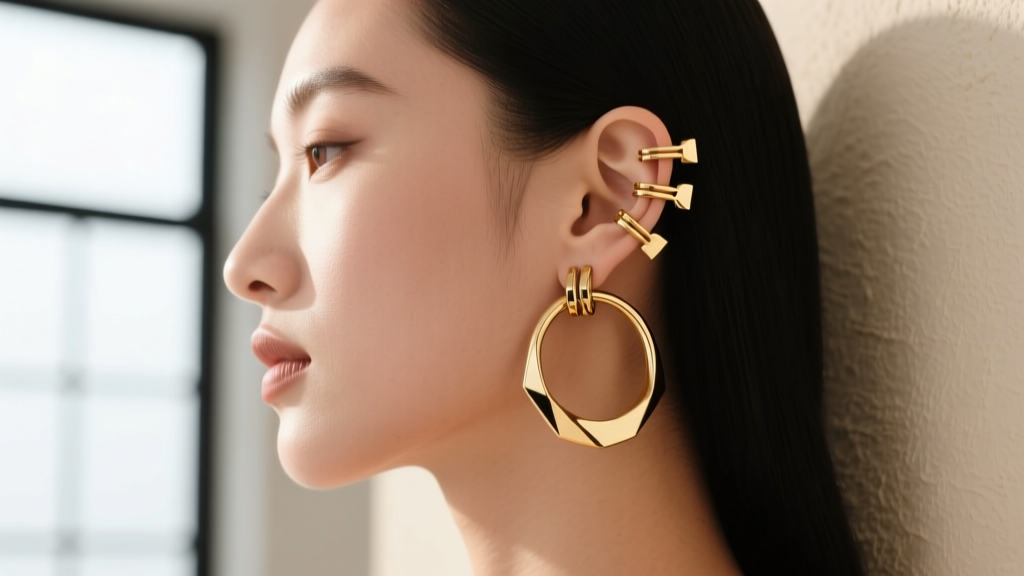 Side profile of a model wearing multiple hinge back earrings in a curated ear setup including a helix huggie and lobe hoop