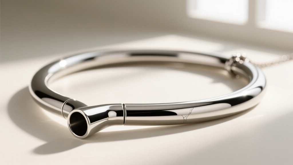 Close-up of a polished 316L steel breathing tube necklace showing a precise 3mm inner diameter against a soft studio background.
