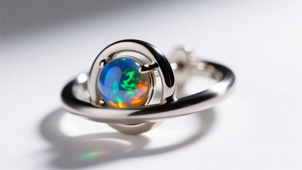 Close-up of a Grade 5 titanium planet earring featuring a bezel-set synthetic opal sphere with a matte brushed finish orbital band