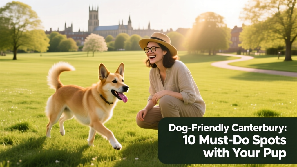 A pet parent and dog enjoying a sunny day at a spacious, grassy dog park in Canterbury.