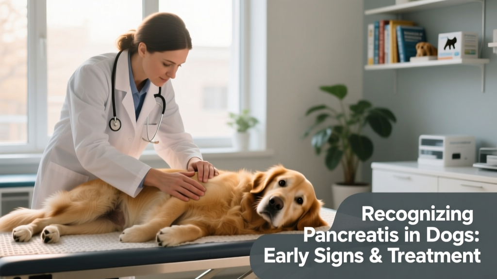 A veterinarian gently examining a dog's abdomen during a physical exam