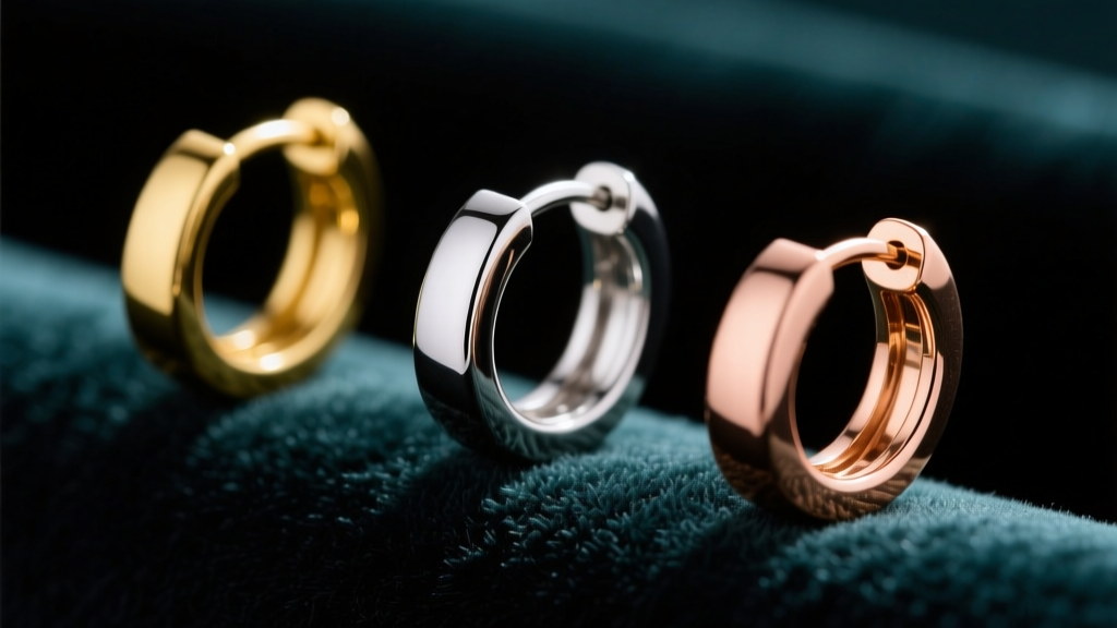 Macro shot of three 25mm hoop earrings in gold, titanium, and rose gold on dark velvet, showing metal textures under soft lighting