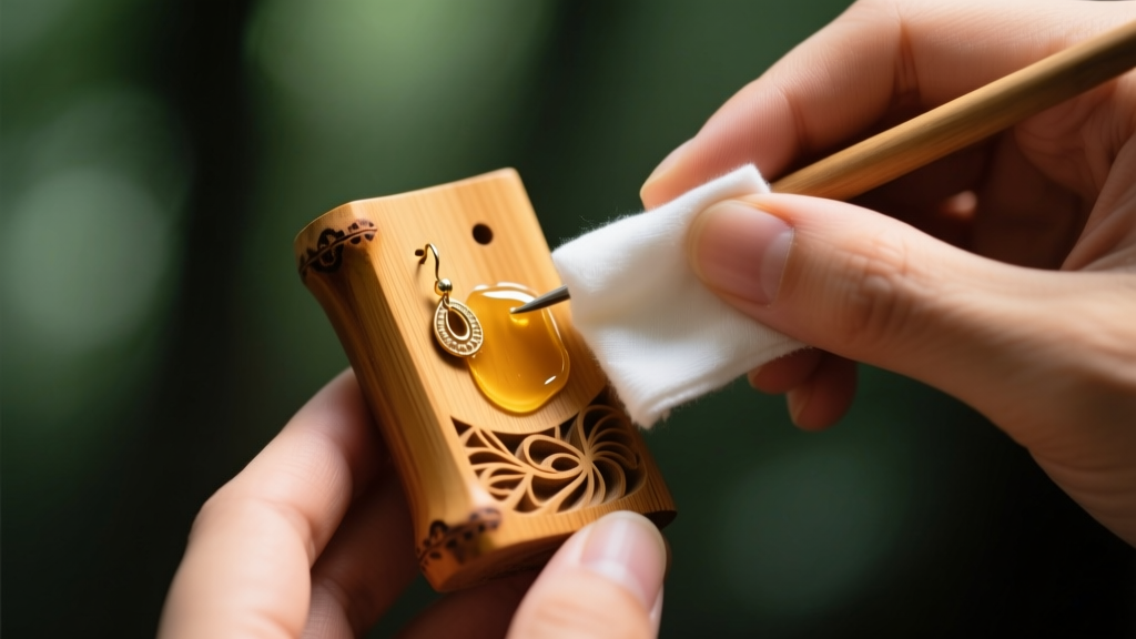 Hands applying microcrystalline wax with a soft cotton cloth to a carved bamboo wooden earring holder, highlighting the wood grain