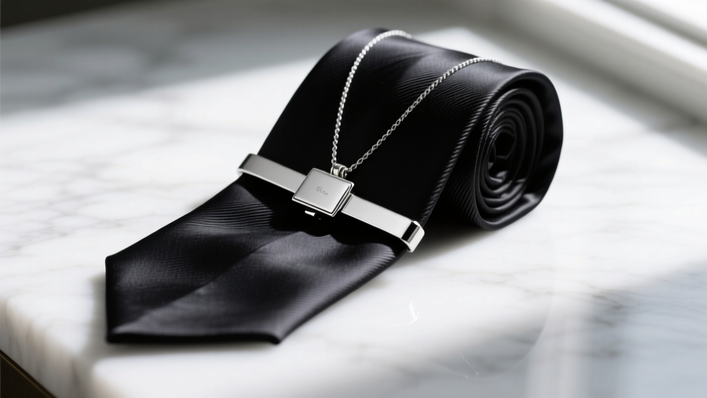 Close-up of an elegant black silk necklace tie with a brushed sterling silver adjustable slider clasp resting on white marble