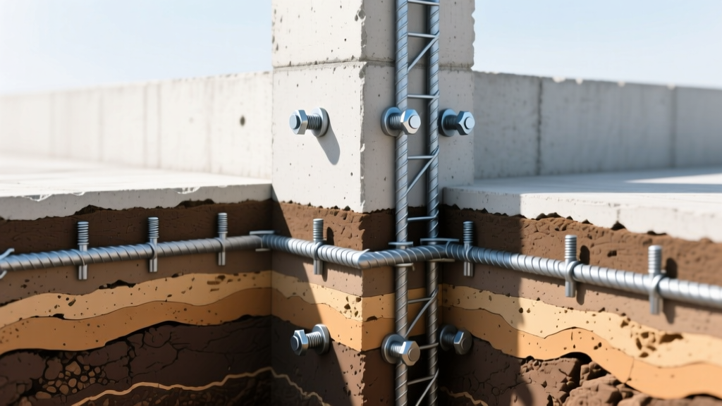 Cross-section blueprint of a reinforced concrete stem wall foundation overlaid on a soil strata diagram with rebar and anchor bolt details