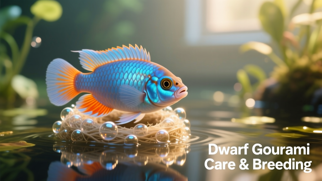 Male dwarf gourami guarding a delicate bubble nest at the water's surface
