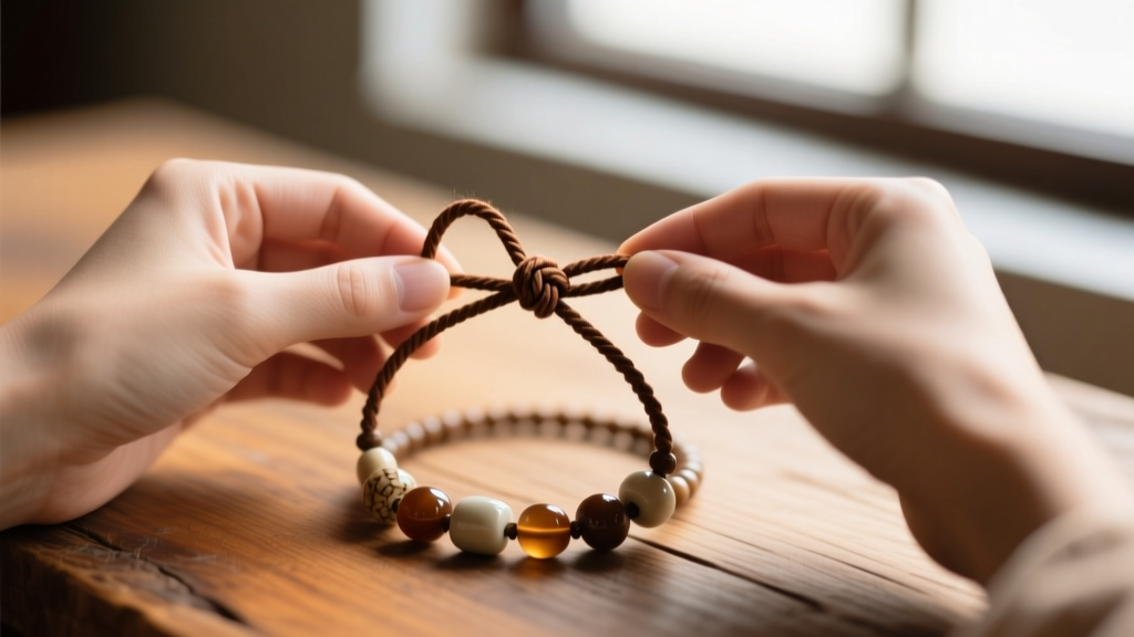 Close-up of hands tying a brown waxed cotton slip knot on a beaded necklace, soft natural lighting, shallow depth of field on wood.