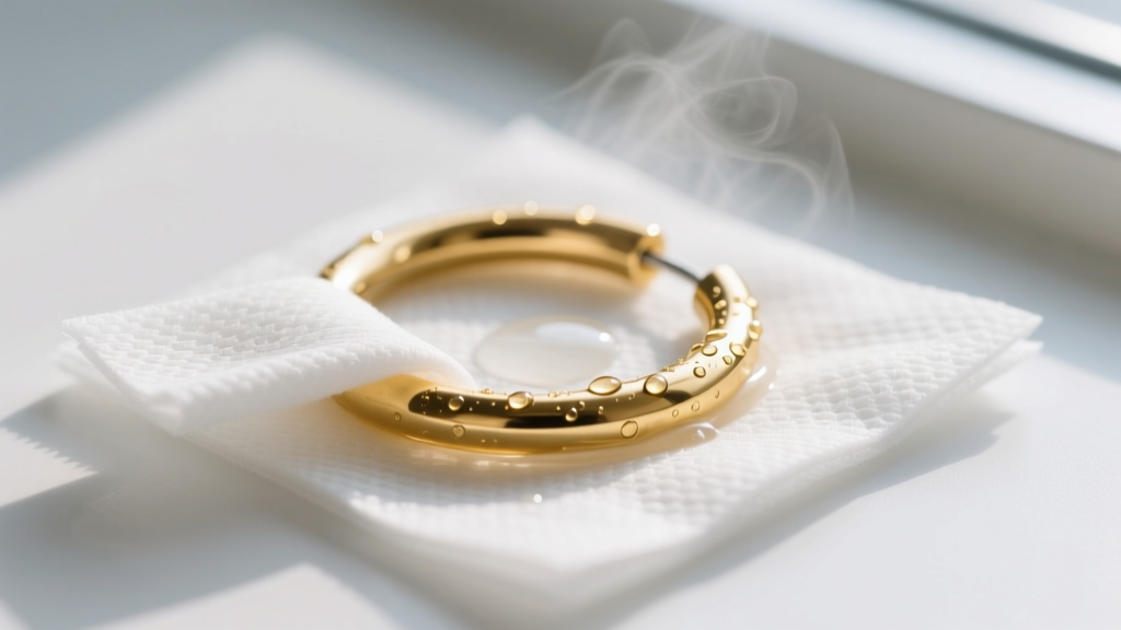 Macro photography of a 16-gauge gold cartilage hoop being gently cleaned with sterile saline and a non-woven medical gauze pad