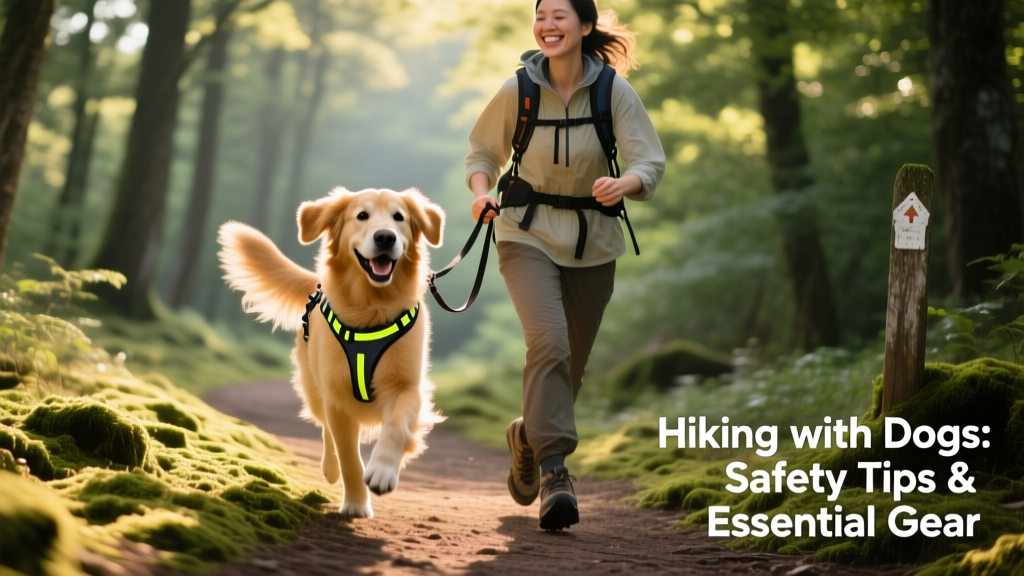 A happy dog trotting confidently on a forest trail beside their owner