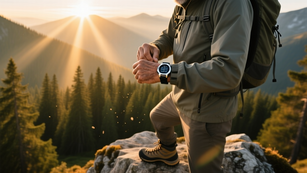 Hiker adjusting a solar-powered GPS watch on their wrist while overlooking a dense alpine pine forest at golden hour