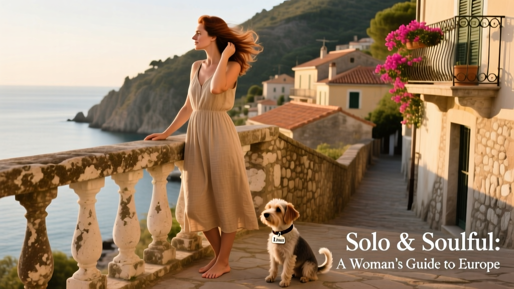 A solo female traveler gazing out at a sunlit coastal view in Europe