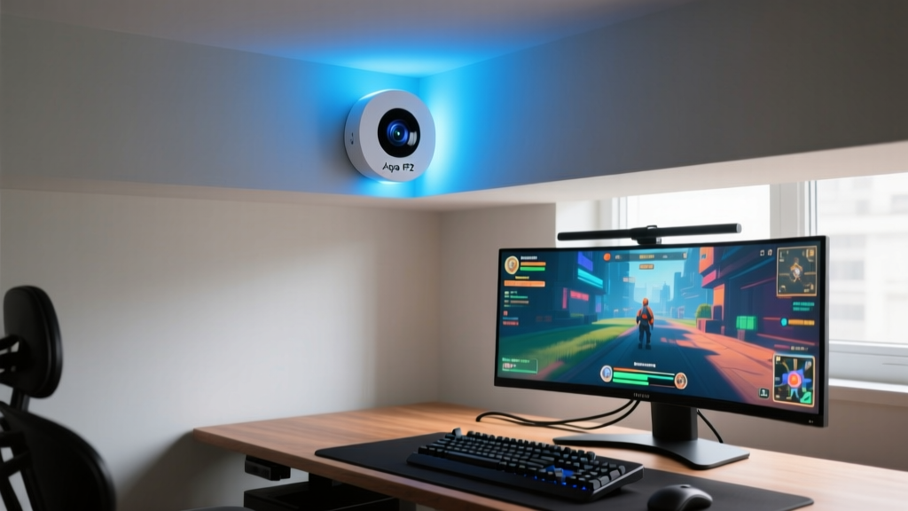 Close-up of the Aqara FP2 presence sensor mounted on a ceiling corner, emitting a subtle blue calibration light over a gaming desk.