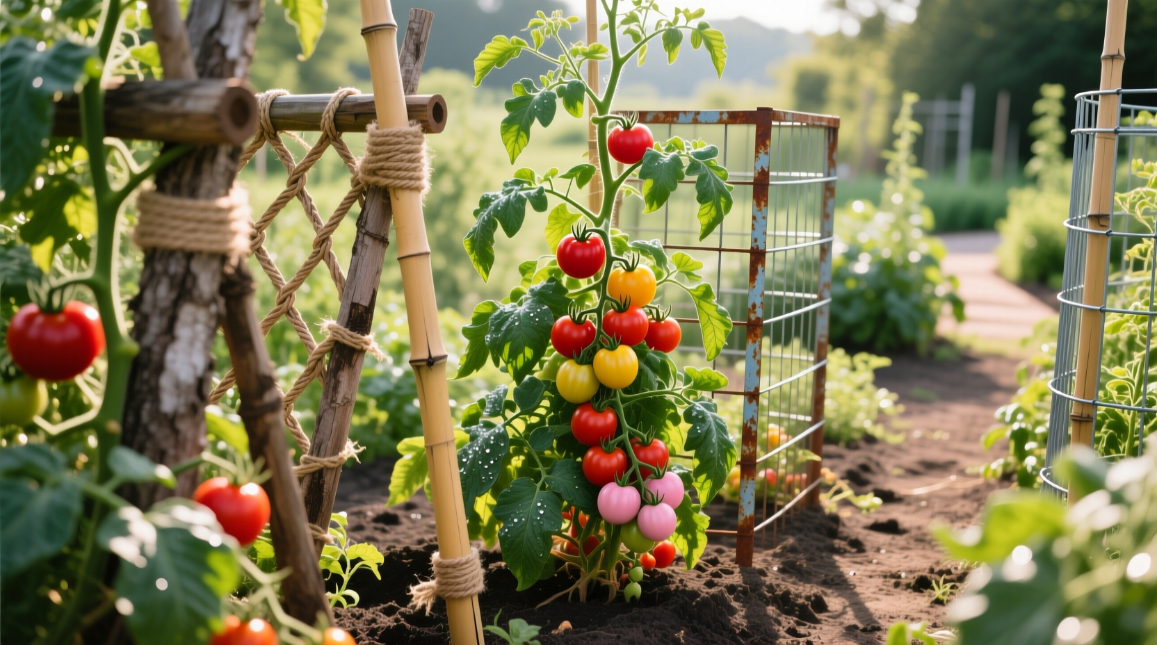 Various tomato support systems in a thriving garden
