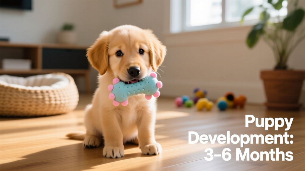 A curious 4-month-old puppy sitting upright, gently chewing on a soft rubber toy