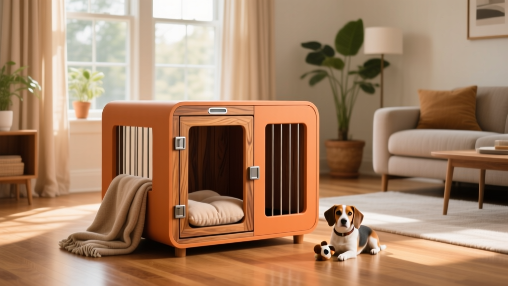 lab in an orange kennel