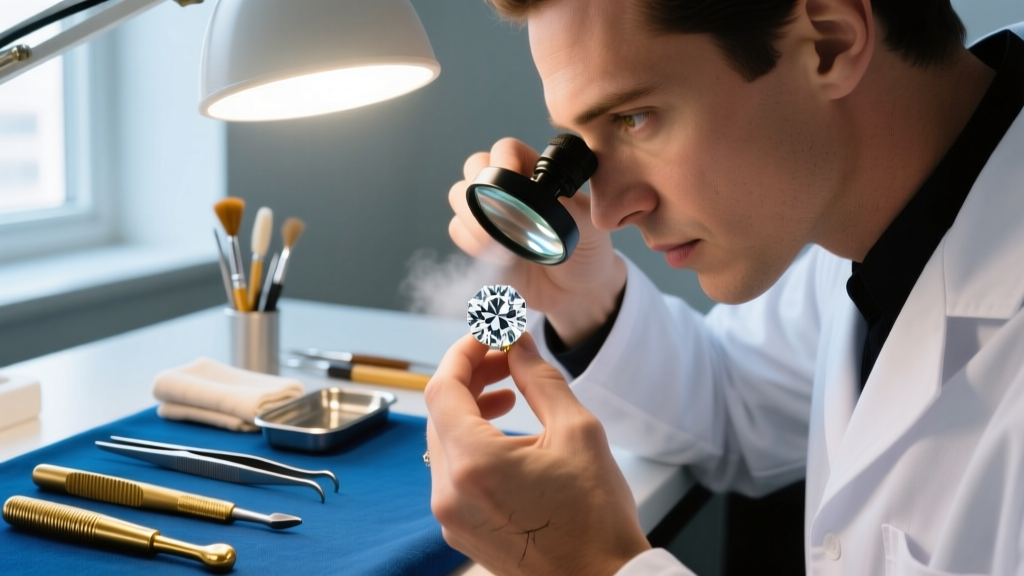 Jeweler using a 10x loupe to inspect prongs of a large diamond earring under a bright LED bench lamp, with tools visible in background.