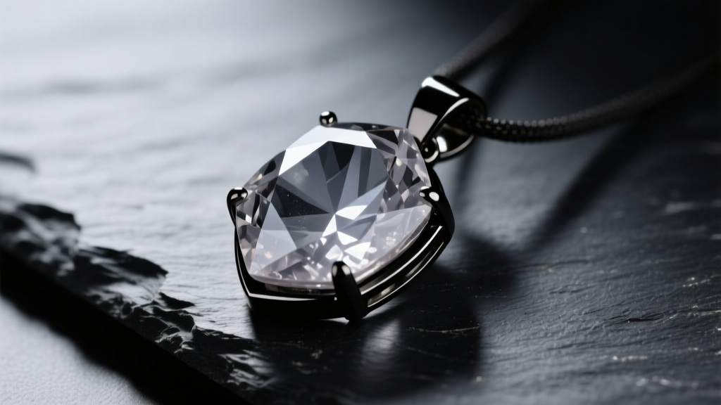 Faceted smoky quartz pendant in a black titanium bezel on dark slate, showing smoky gray inclusions under studio lighting.