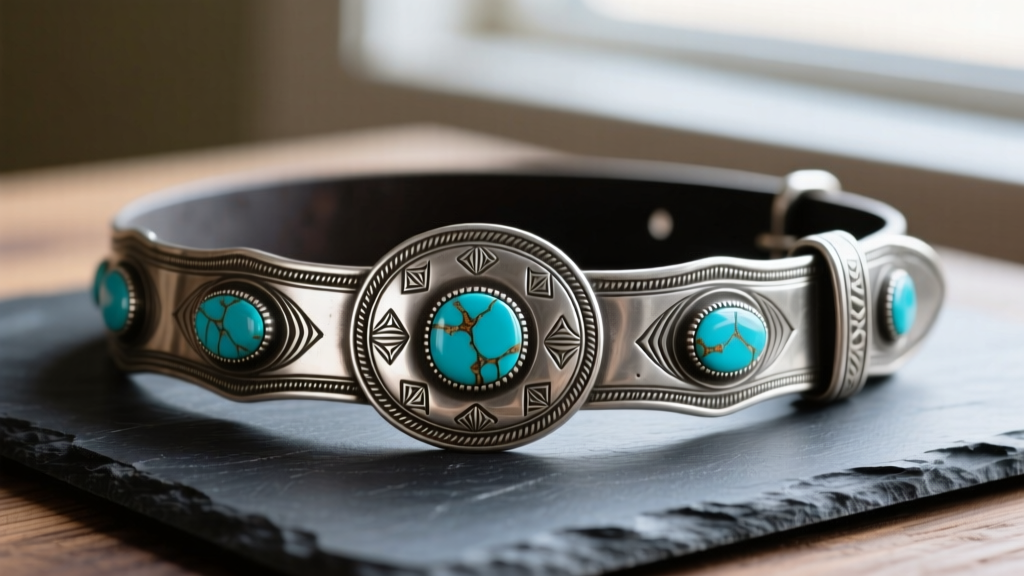 Macro photo of a vintage Navajo silver concho belt showing deep stamped hallmarks and natural turquoise resting on dark slate wood