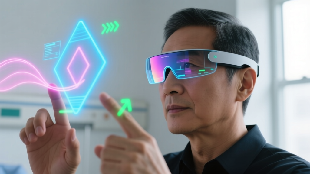 Close-up of a patient wearing lightweight augmented reality glasses while interacting with a digital hand therapy gamification interface