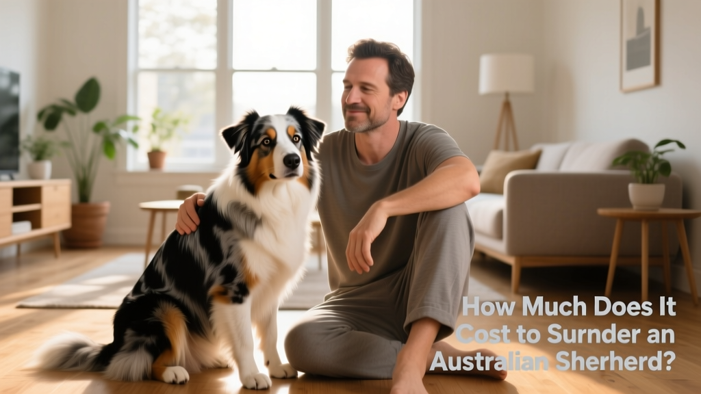 A calm, well-groomed Australian Shepherd sitting beside a person in a home setting