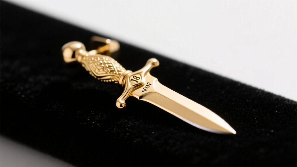 Macro photography of an 18-gauge gold vermeil dagger earring resting on black velvet, highlighting the stamp and sharp blade tip