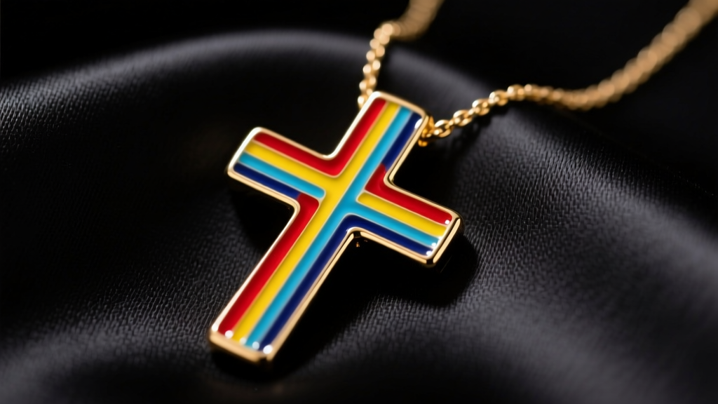 Close-up of a vitreous enamel rainbow cross necklace on black silk, soft studio lighting highlighting the polished 14k gold edges.