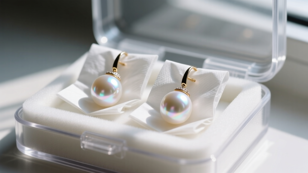 Close-up of pearl drop earrings wrapped individually in acid-free tissue paper inside a rigid foam-lined plastic storage case.