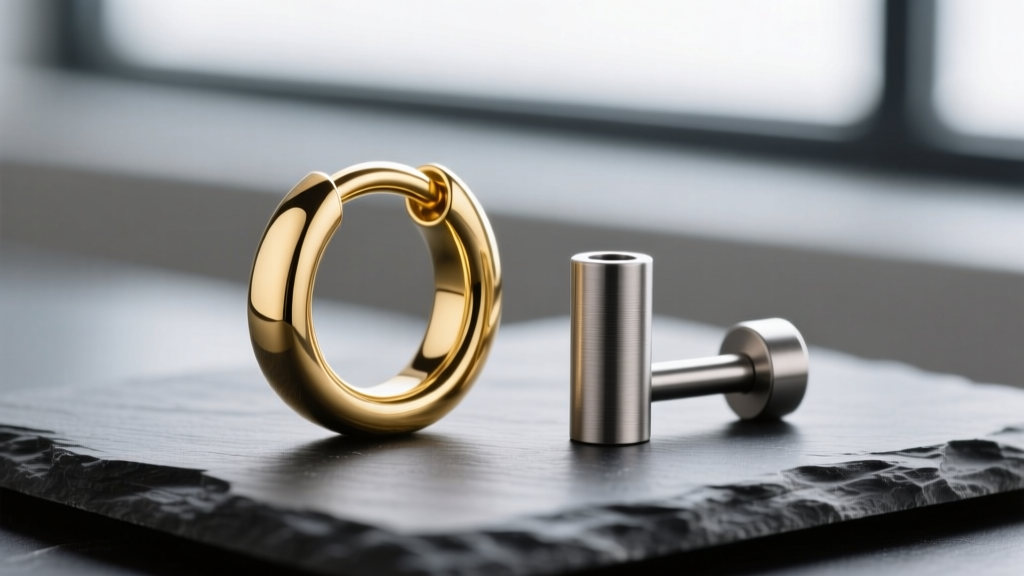 Macro photography comparing a polished 14k gold seamless hoop and a brushed implant-grade titanium barbell resting on dark slate