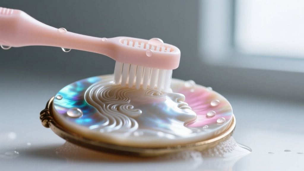 Macro shot of a soft baby toothbrush cleaning deep carved ridges of a vintage mother of pearl cameo with mild soapy water.