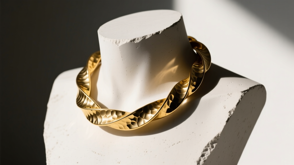 Sculptural 14k yellow gold torque necklace with hammered finish on a minimalist concrete bust with dramatic side shadows.