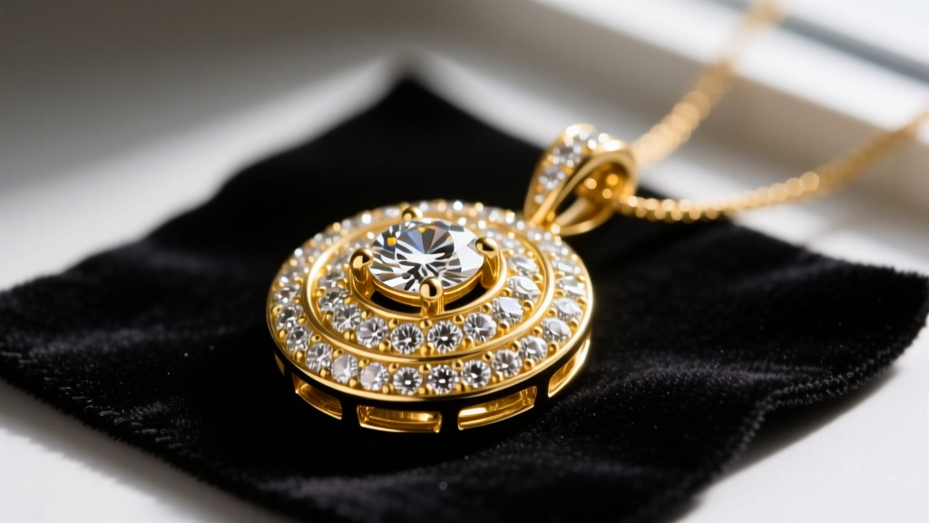 Macro shot of heavy 18k gold custom pendant with pavé diamonds resting on dark velvet cleaning mat under bright jeweler's lamp light