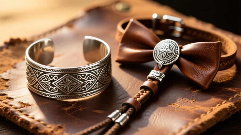 Hand-engraved sterling silver Western cuff bracelet and bolo tie resting on rustic distressed leather under warm, inviting studio lighting
