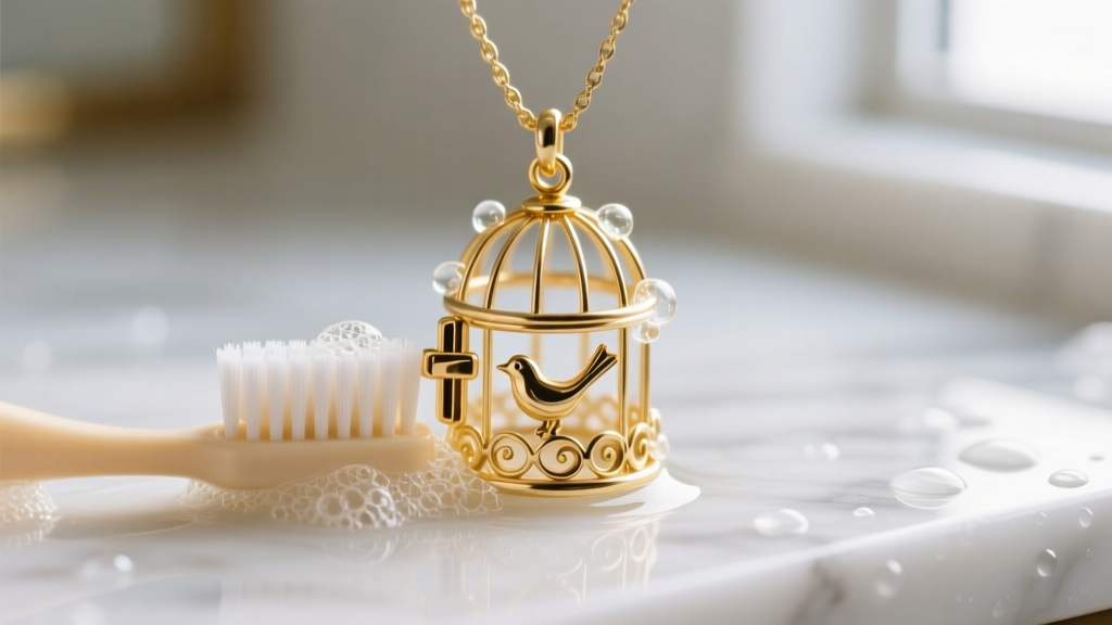 A soft-bristled baby toothbrush gently scrubbing the tiny metal hinges of a gold vermeil bird cage pendant in soapy water.