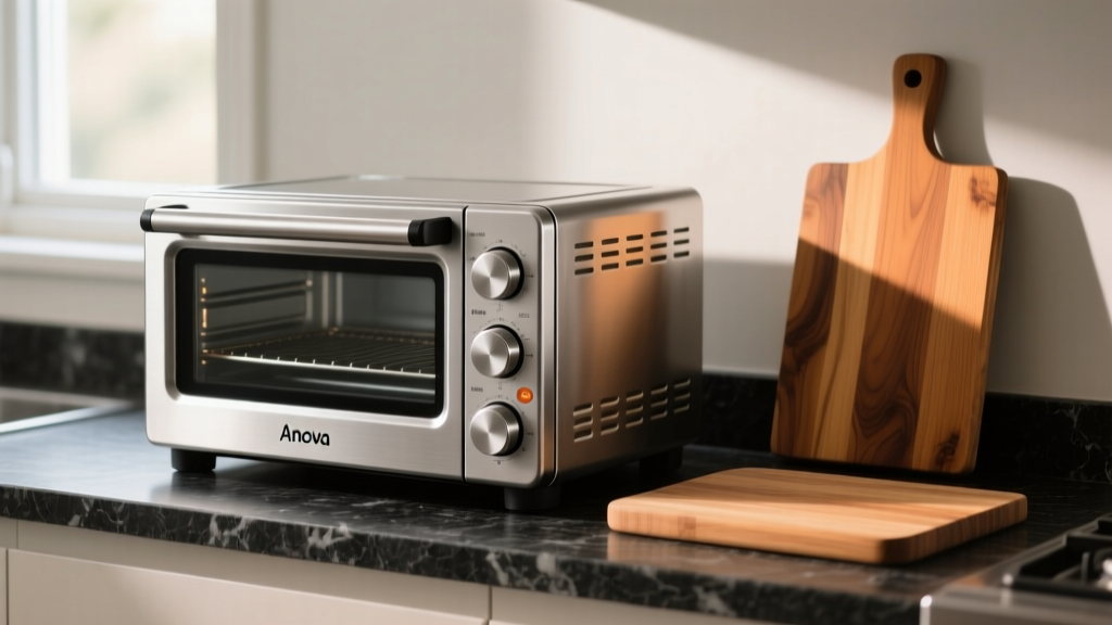 Anova Precision Oven stainless steel combi-steam oven sitting on a dark granite kitchen counter next to a wooden cutting board