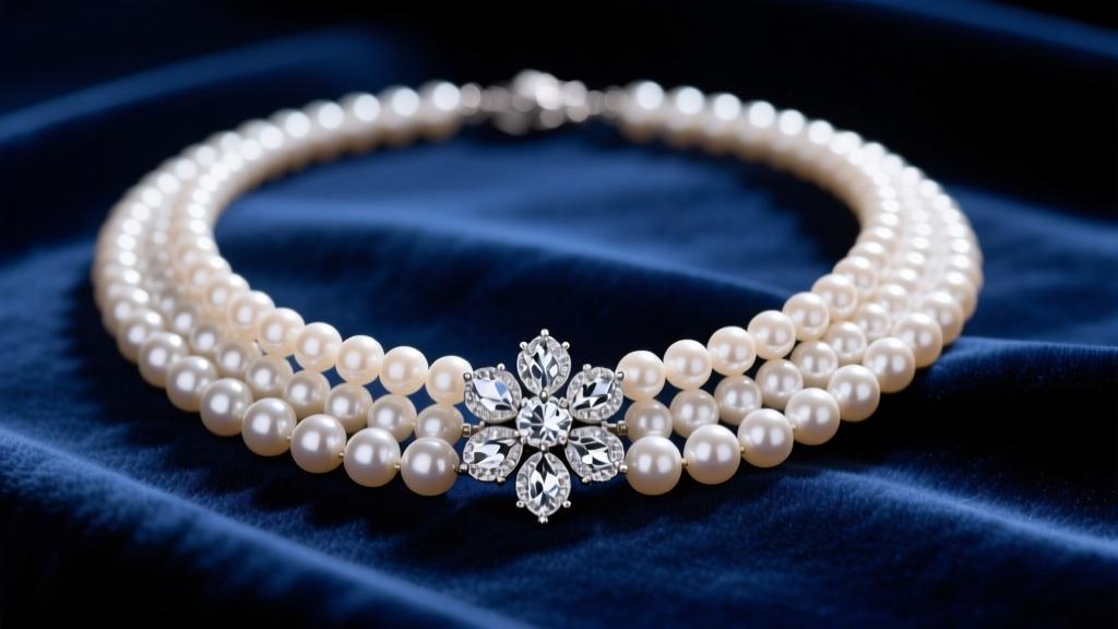Elegant multi-strand pearl festoon necklace with a diamond-encrusted floral clasp resting on dark blue velvet, studio lighting.
