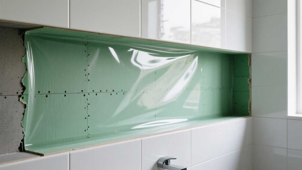 Cross-section of bathroom wall showing moisture-resistant green drywall behind liquid waterproofing membrane and porcelain tile