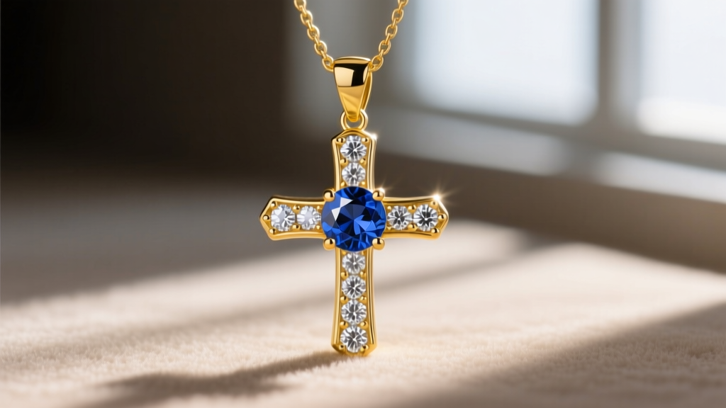 Macro shot of a prong-set round blue sapphire surrounded by SI-clarity melee diamonds in a 14k yellow gold cross pendant.