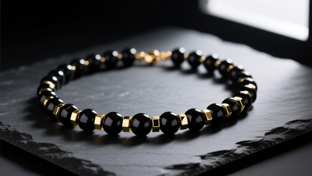 Black onyx and gold beaded necklace on dark slate, showing glossy bead reflections and metallic spacers in moody studio light