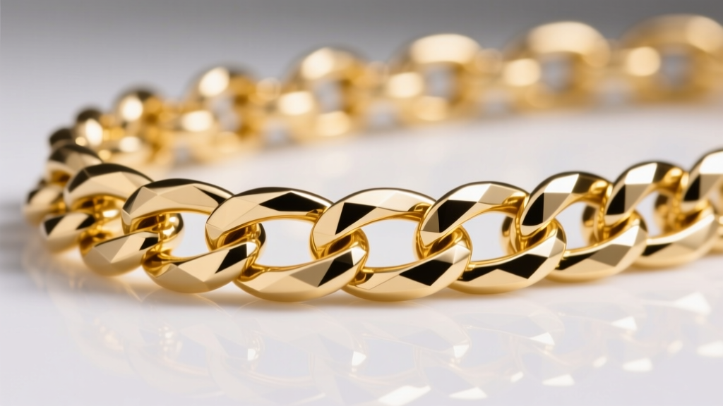 Macro shot of a 14k yellow gold curb chain link, showing interlocking diamond-cut facets and polished metal under studio lighting.