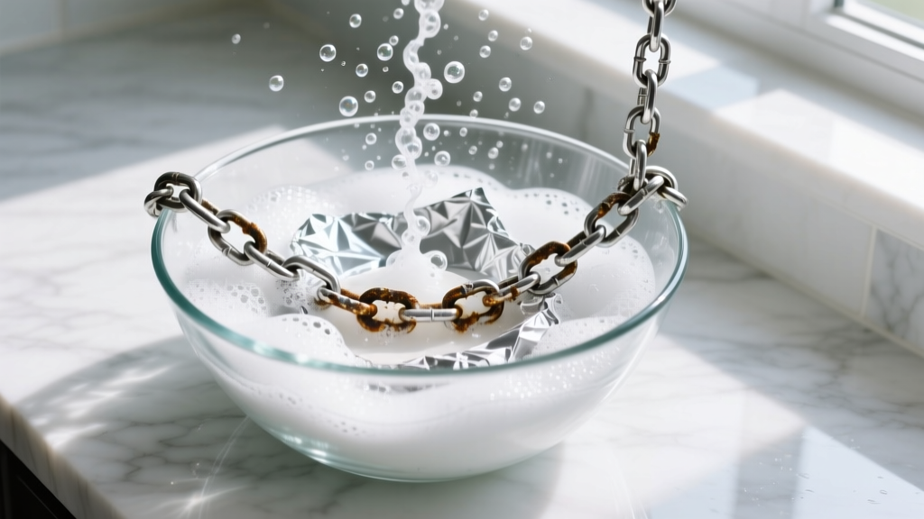 Overhead view of a baking soda and foil bath bubbling while cleaning a heavily tarnished sterling silver chain in a glass bowl.